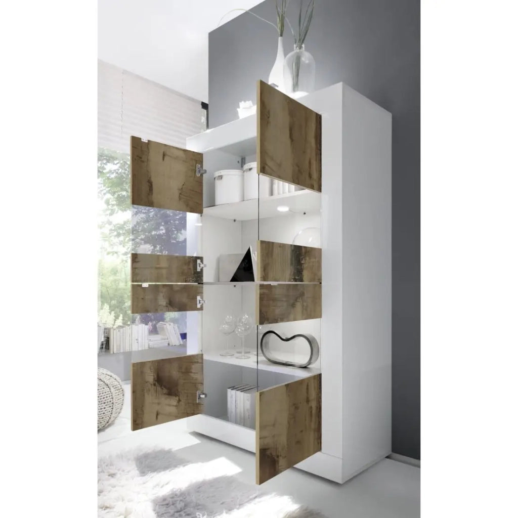 Vetrina 4 porte, collezione ISORA, color bianco lucido laccato e rovere chiaro