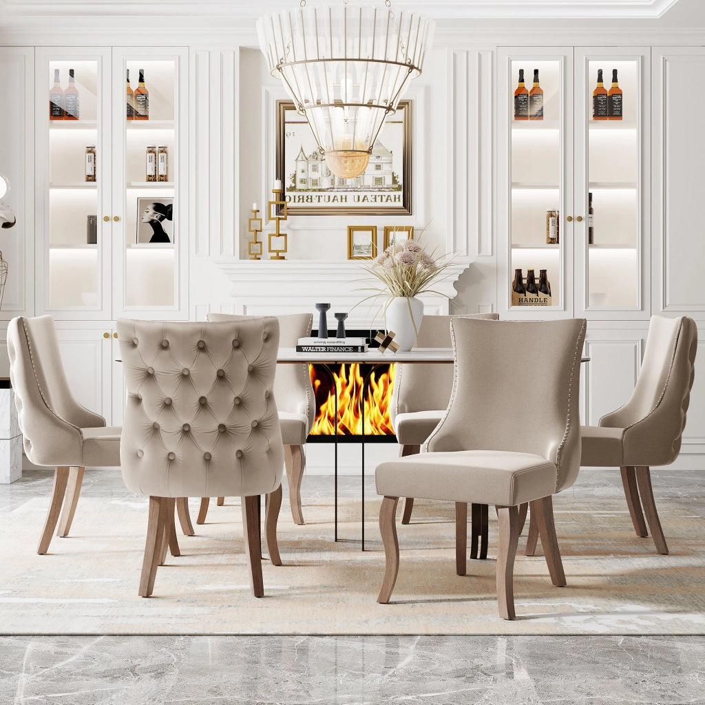 Sedie da Pranzo Imbottite in Velluto ¨C Xylo ¨C Beige, Gambe in Legno Massello, Set 6 Pezzi