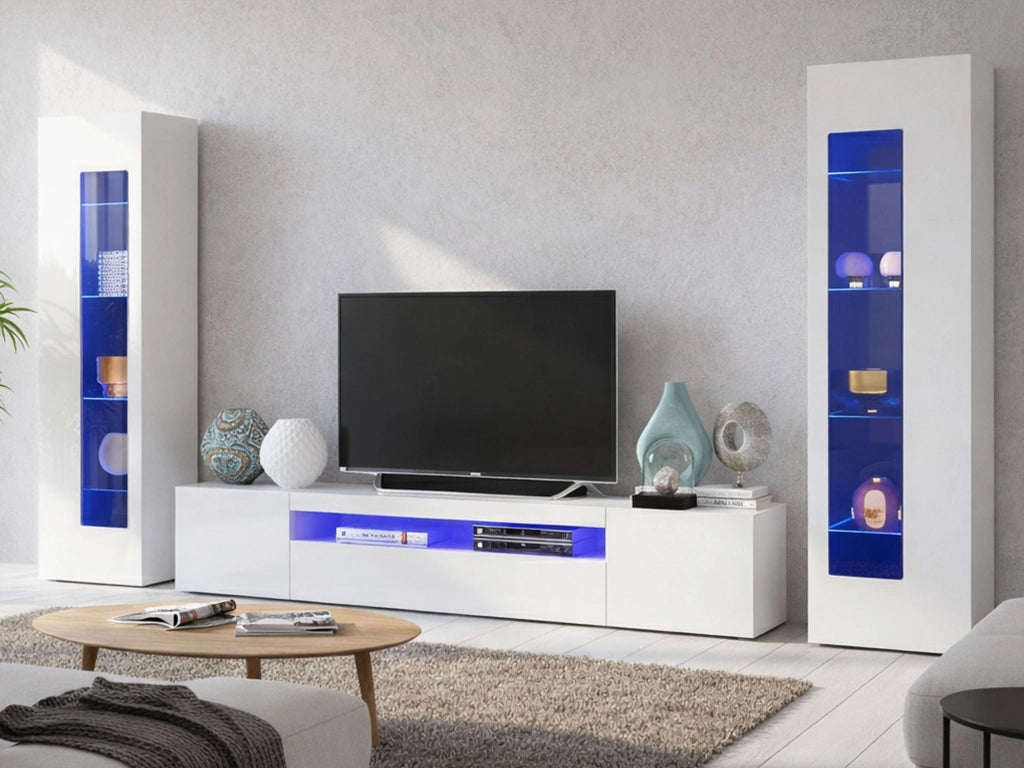 Parete attrezzata da soggiorno Aslhey, Made in Italy, Mobile porta TV, Set salotto moderno, cm 300x40h162, Bianco lucido