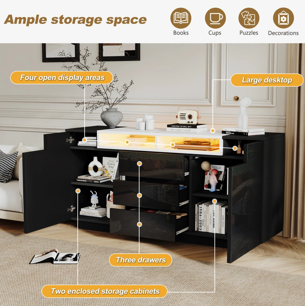 Credenza ULEVR 140x40x68 cm con 2 ante, 3 cassetti, ripiani semiaperti e LED, nero lucido