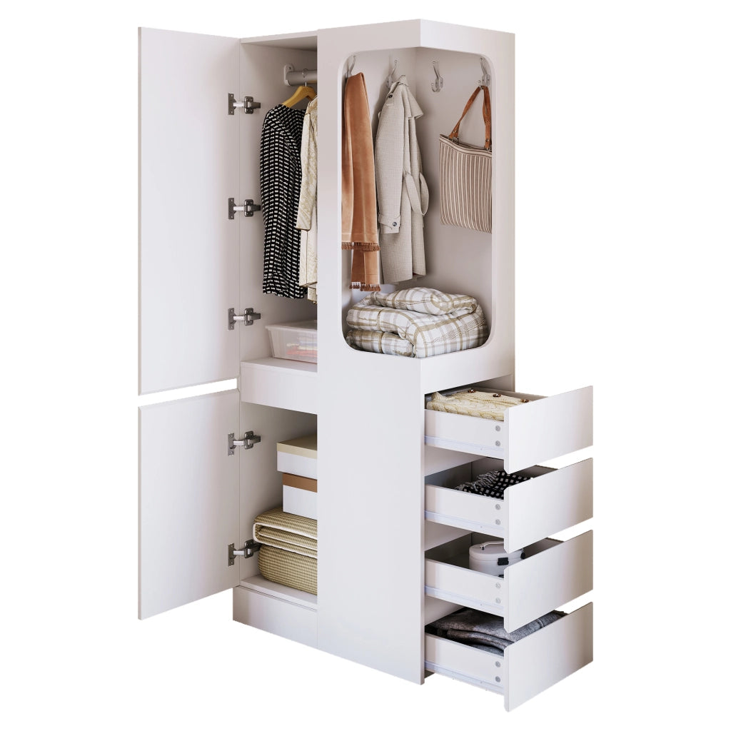 Armadio con 1 anta; 4 cassetti e vano aperto - in legno - 70×40×170 cm - bianco