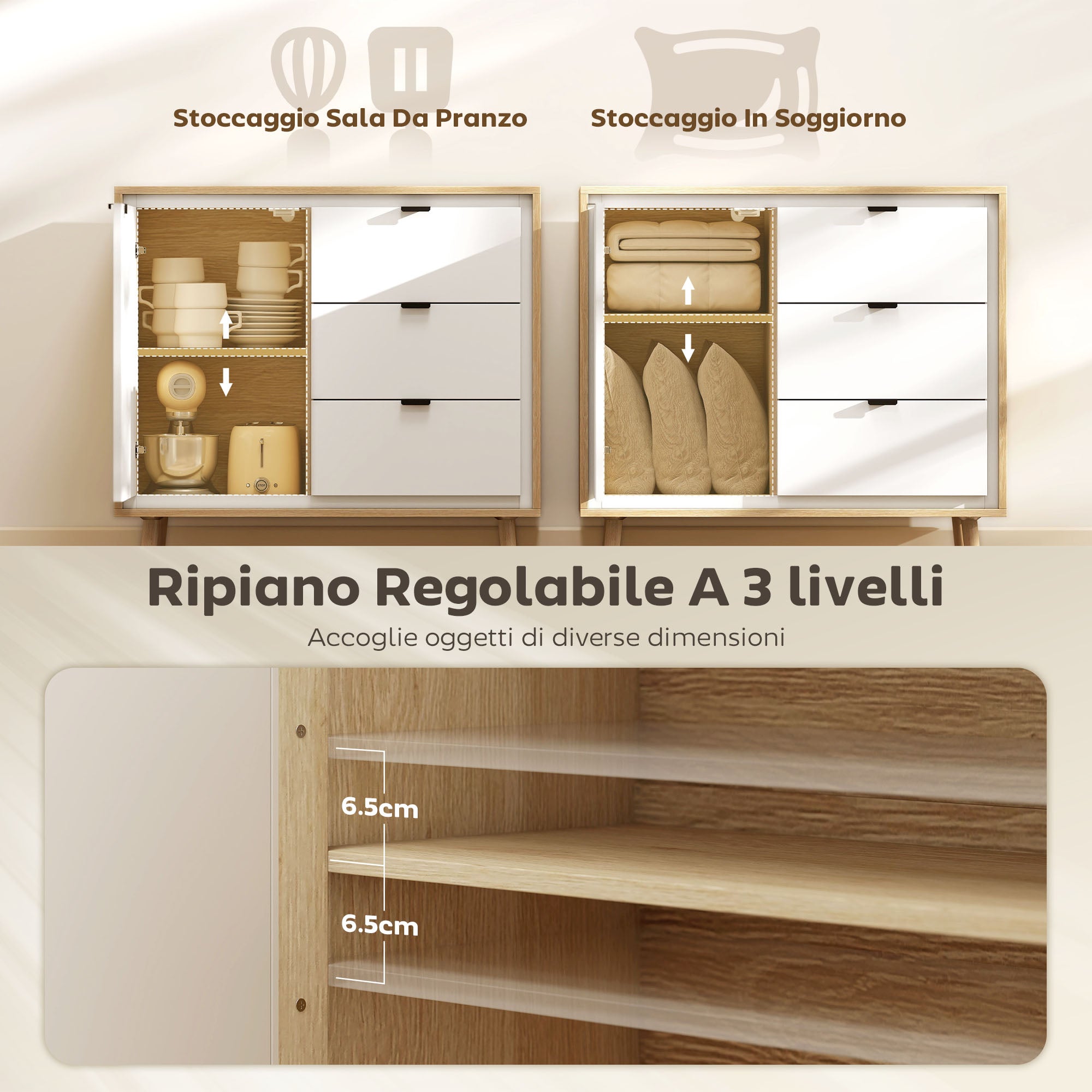 Credenza Moderna con 3 Cassetti e Armadietto Ante Lucide Bianco e Rovere