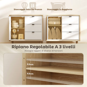 Credenza Moderna con 3 Cassetti e Armadietto Ante Lucide Bianco e Rovere