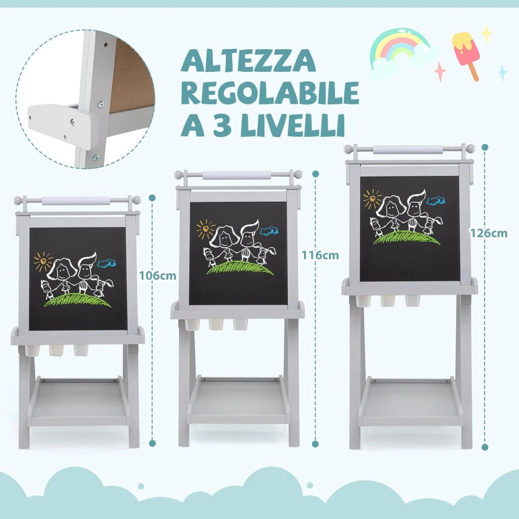 Lavagna per Bambini 3 in 1, Lavagna Magnetica con Lavagna Bifacciale, Rotolo di Carta, Vassoi Portaoggetti e 3 Bicchieri per Pittura, Cavalletto in Legno per Bambini 3+ Anni (Grigio)