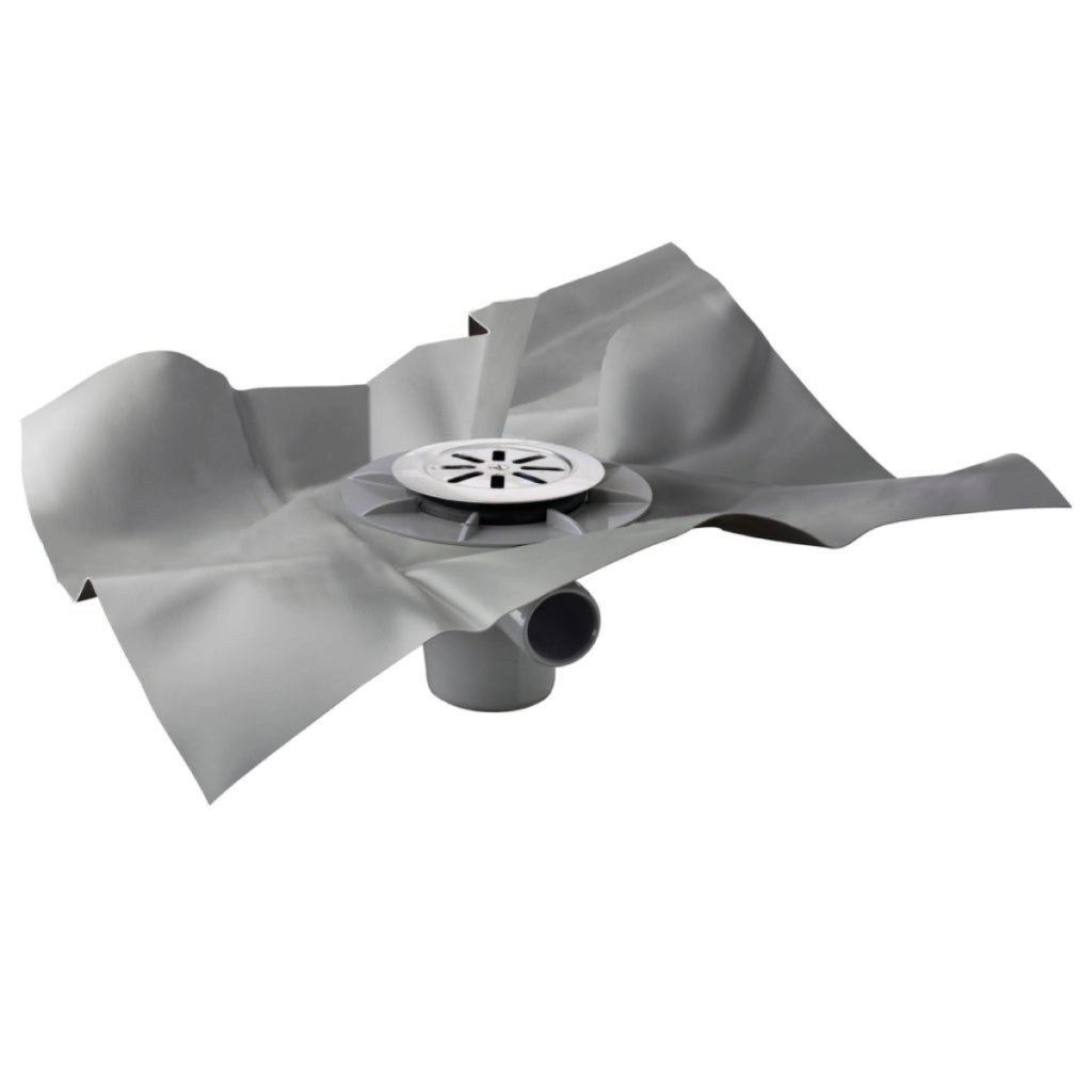Pozzetto sifonato in ABS con griglia inox e foglio in PVC per impermeabilizzazione modello Gully TEA