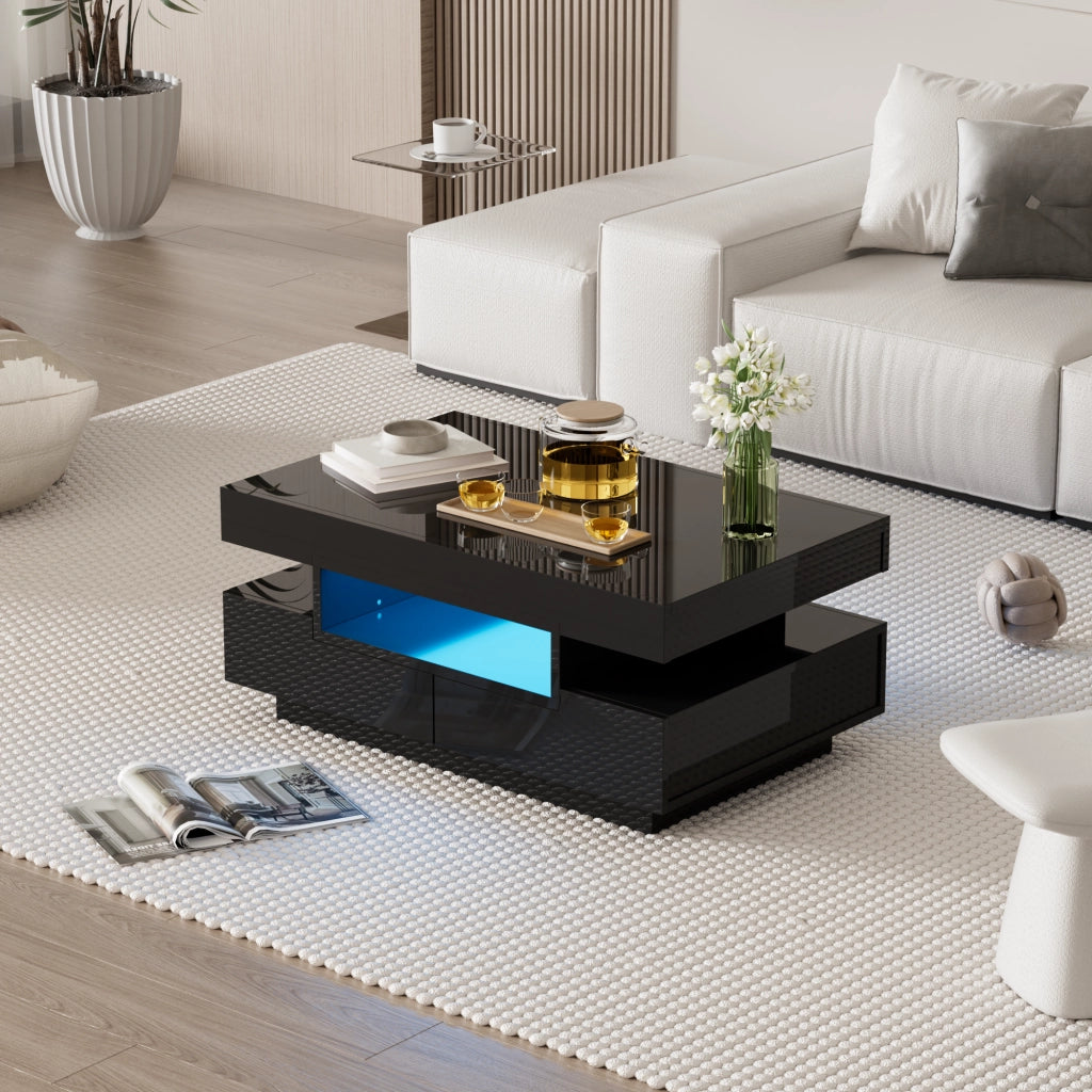 Tavolino da caffè 80x50x36 cm; LED regolabile e 3 vani con 4 cassetti; pannello truciolare nero