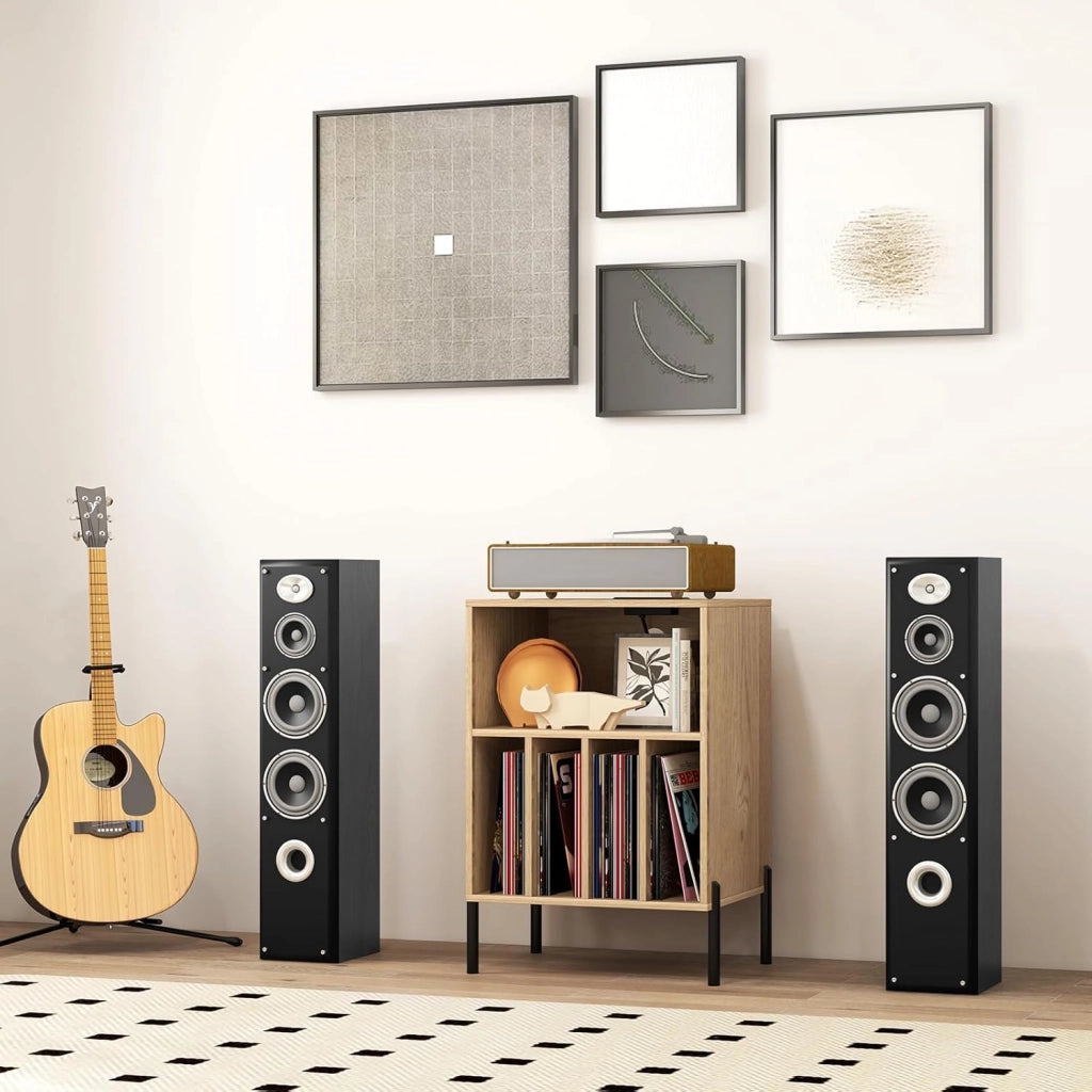 Supporto per Giradischi in Vinil con Stazione di Ricarica, Porta Dischi Vinile Vintege con 5 Scomparti Aperti, Espositore per Dischi Fino a 145 Album per Soggiorno, 53x45x78,5cm (Naturale)