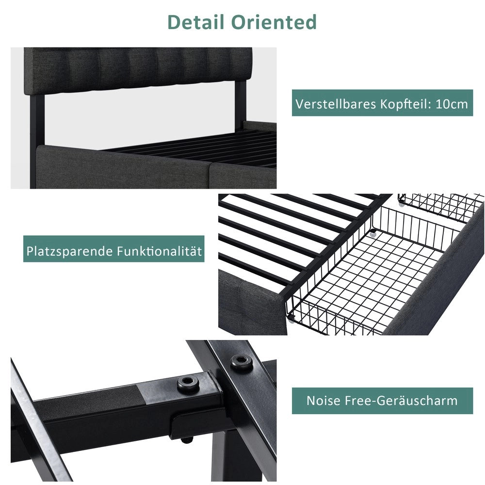 Letto Contenitore Imbottito con 4 Cassetti e Testiera ¨C Xylo ¨C Tessuto Nero 140x200
