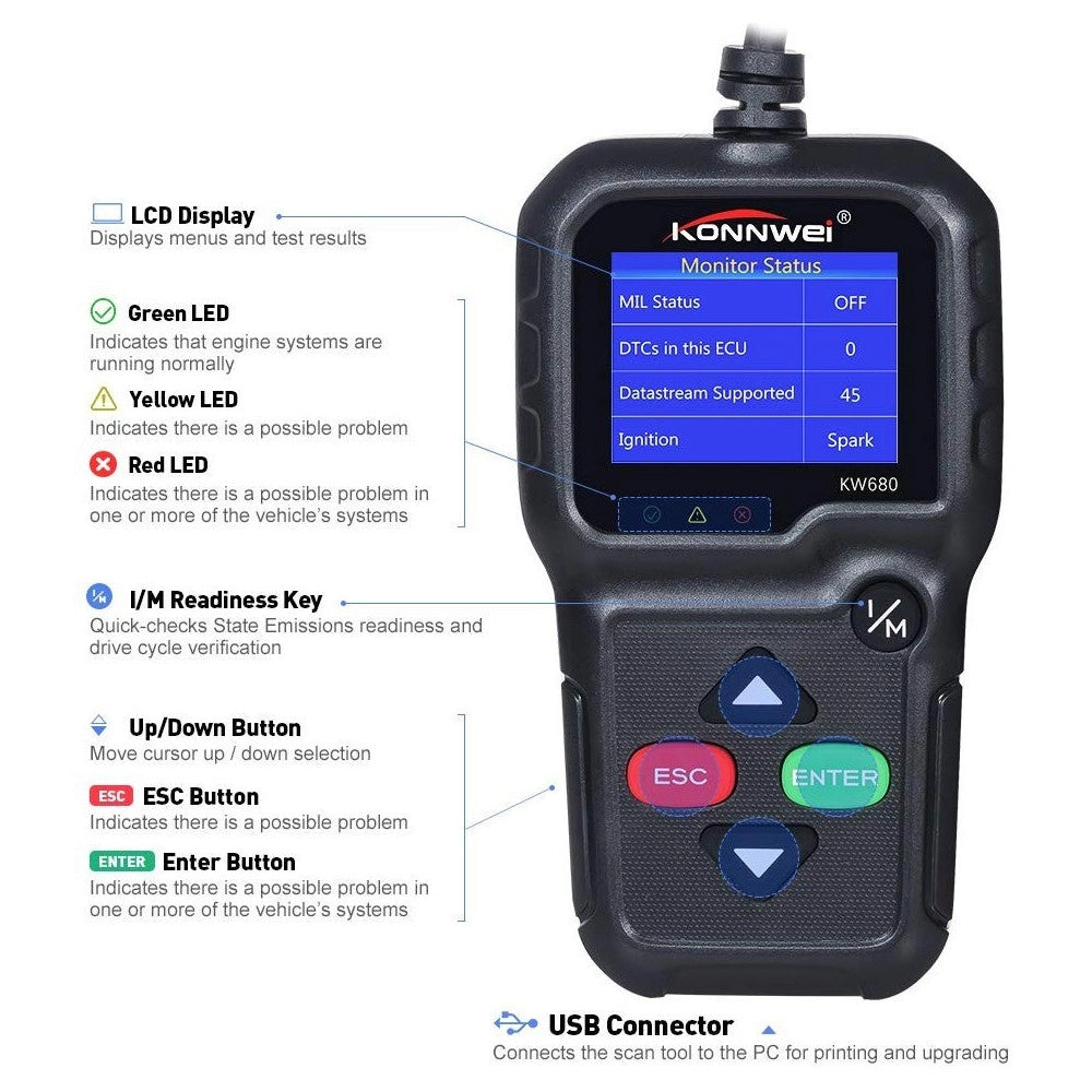 Trade Shop - Lettore Obd Konnwei Kw680 Scanner Codici Auto Diagnostica Tester Analisi Obd2ii -