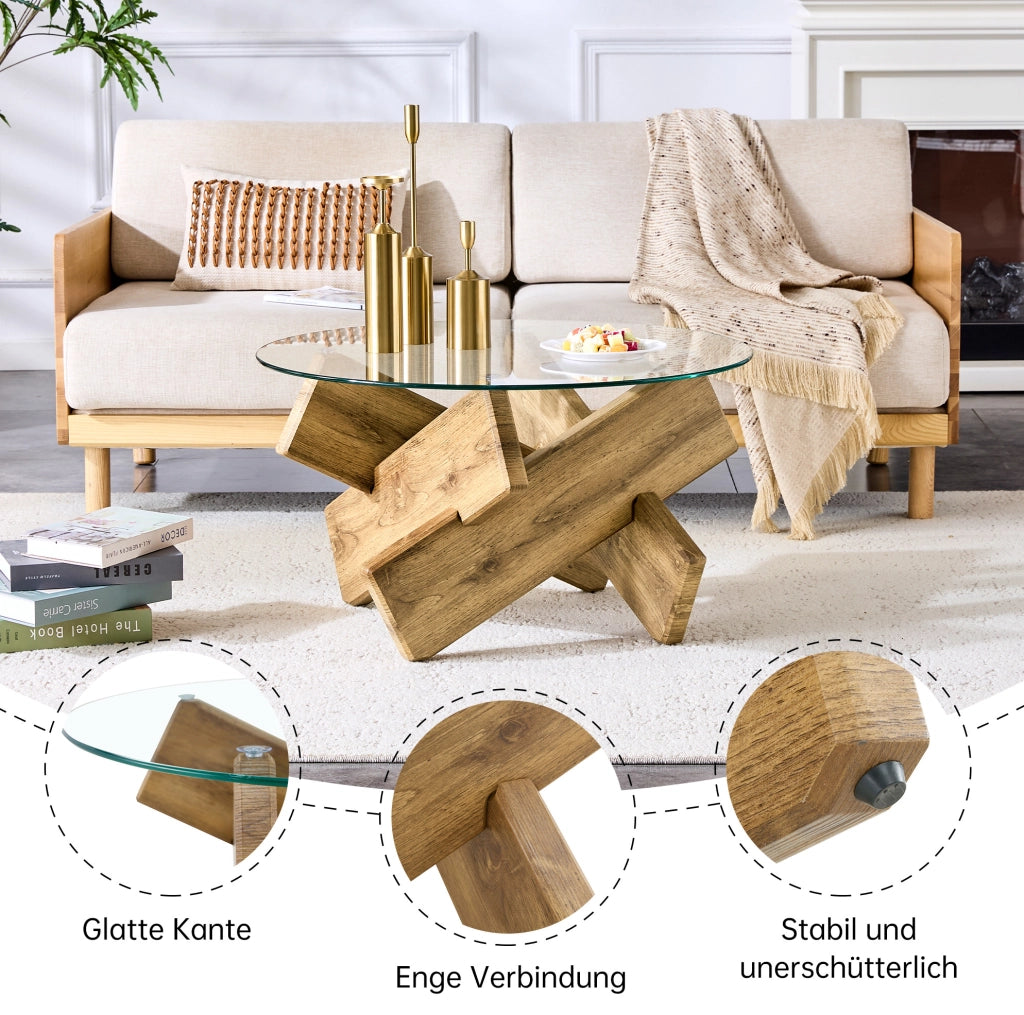 Tavolino da salotto rotondo in MDF e vetro; ?79 cm; altezza 45 cm; supporto a croce