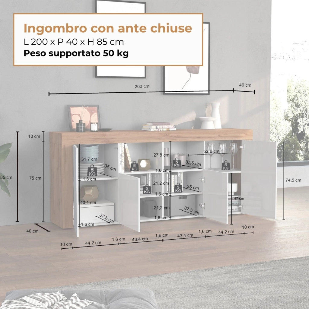 WHOUS Credenza Chronos 4 ante e 2 vani bianco lucido e rovere 200x40x85 cm