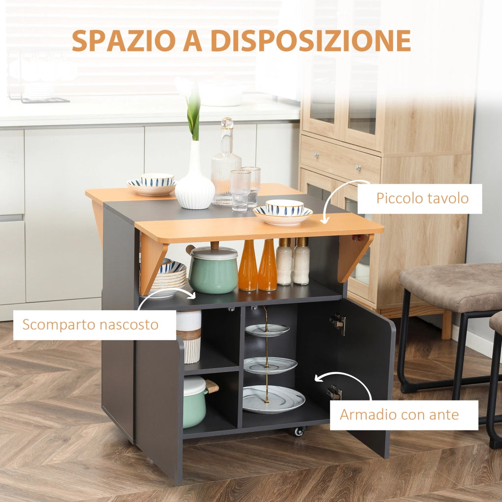 EASYCOMFORT  Tavolo Pieghevole Salvaspazio per 4 Persone max con 4 Ruote, Ripiano Nascosto e Armadietto con Ante, 70x83x75 cm