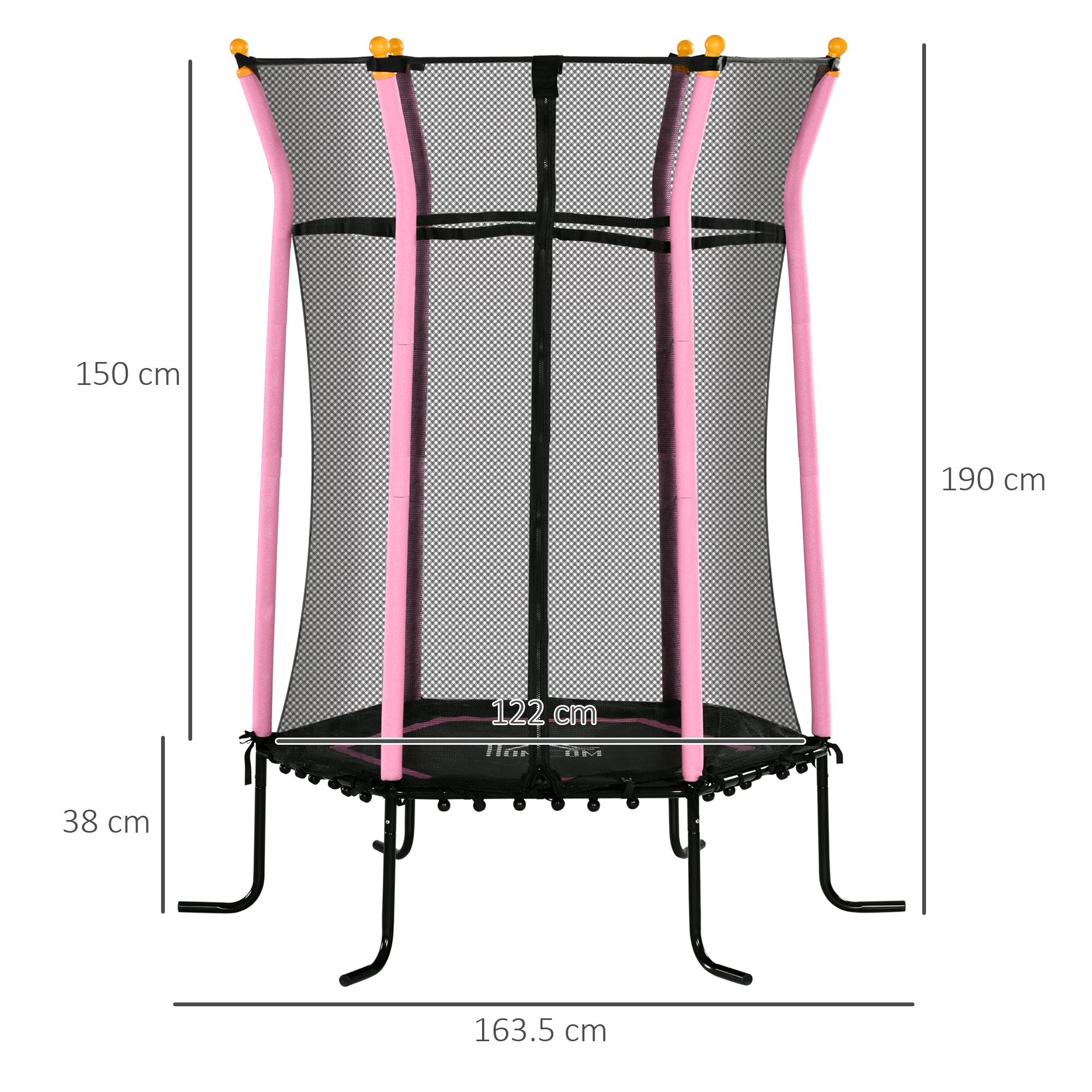 Trampolino Tappeto Elastico per Bambini con Ingresso a Cerniera e Pali Imbottiti Ø163.5x190 cm in Acciaio, PP e EPE Rosa