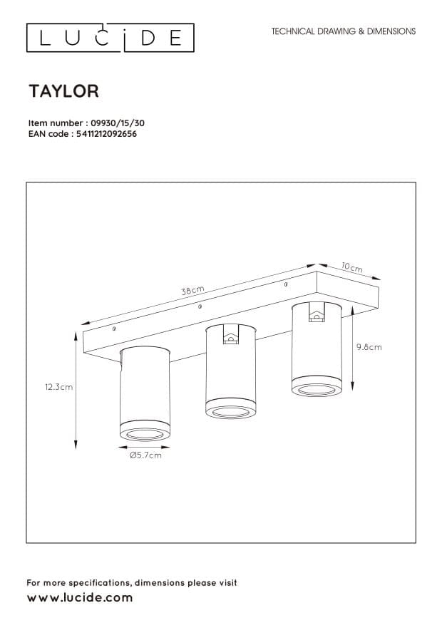 Plafoniera Lucide Taylor nera 3xGU10 LED dimmer IP44