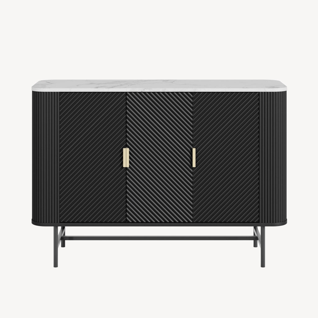 Mobile Contenitore Olvehok a 3 Ante Credenza con 4 Scomparti 110 x 40 x 77 cm - Nero / Effetto Marmo Bianco [en.casa]