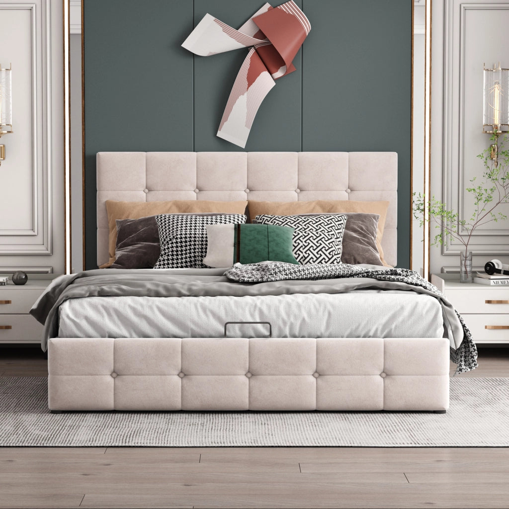 Letti contenitori 140x200 cm; contenitore salvaspazio; velluto; bianco crema (Senza materasso)