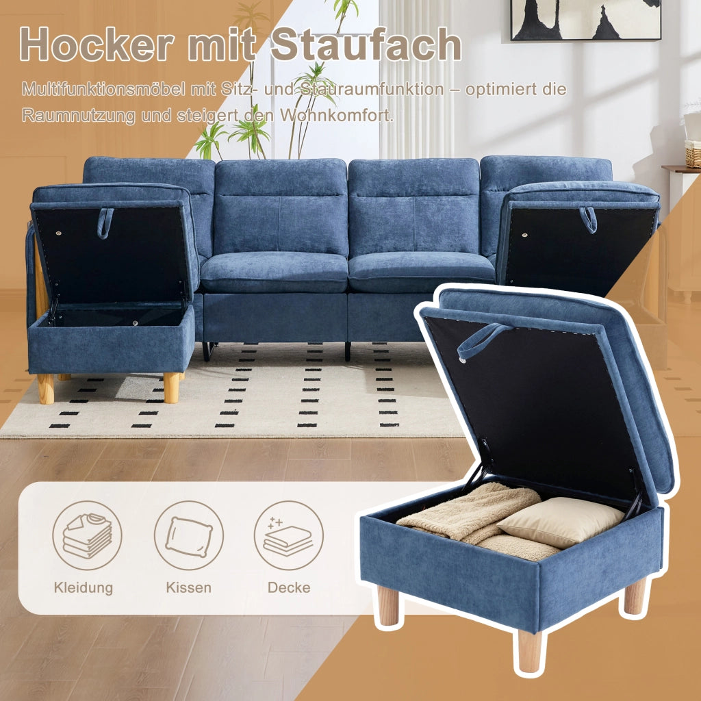 Divano modulare a U 4 posti con 2 pouf contenitore e tasche laterali in chenille blu