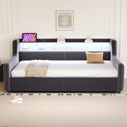 DIVANO LETTO 90 x 200 cm in velluto grigio scuro con LED e vano contenitore