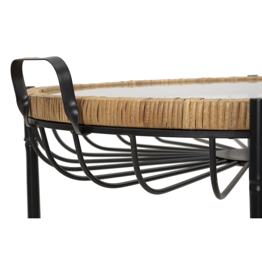 Tavolino Cebu con piano in vetro e ruote, ferro e rattan — 70,5x65x57 cm