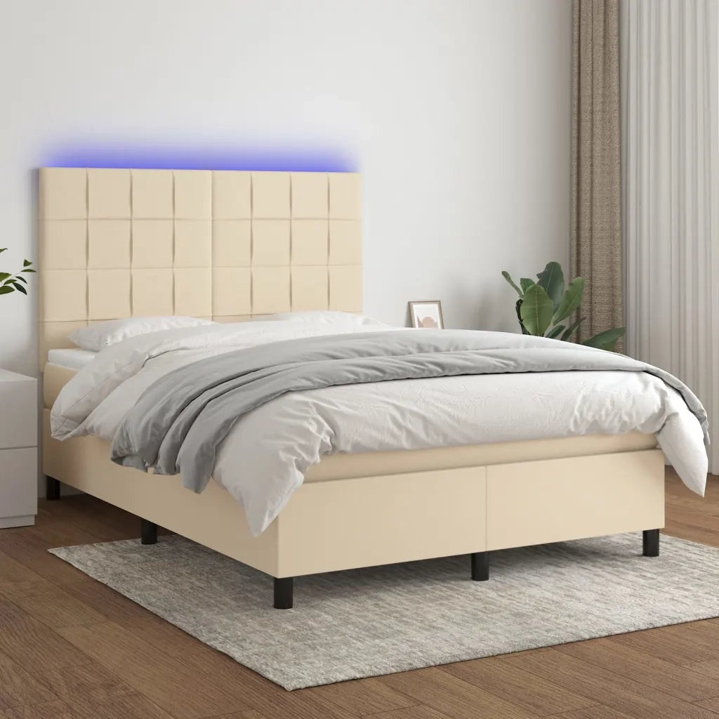 Letto a Molle con Materasso e LED Crema 140x200 cm in Tessuto 3134882