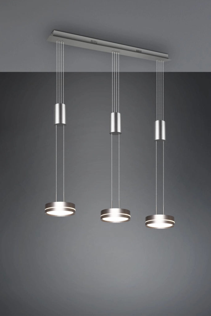 FRANKLIN BARRA 3 SOSPENSIONI LED 27W 3150lm, 3000K REGOLABILE IN ALTEZZA CON BILANCIERI ACCIAIO SATINATO DIMMERABILE CON INTERRUTTORE  L. 85CM