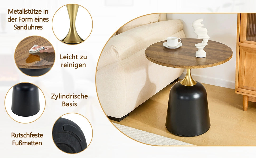 Tavolino basso rotondo con base in metallo e piano in melammina effetto noce, stile moderno, per soggiorno, 70 × 69 × 40 cm