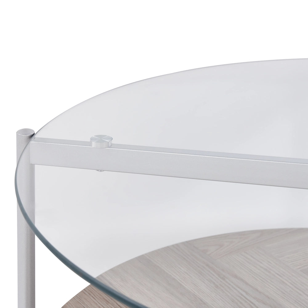 Tavolino con piano in vetro temperato con 1 ripiano in legno chiaro argento stile moderno