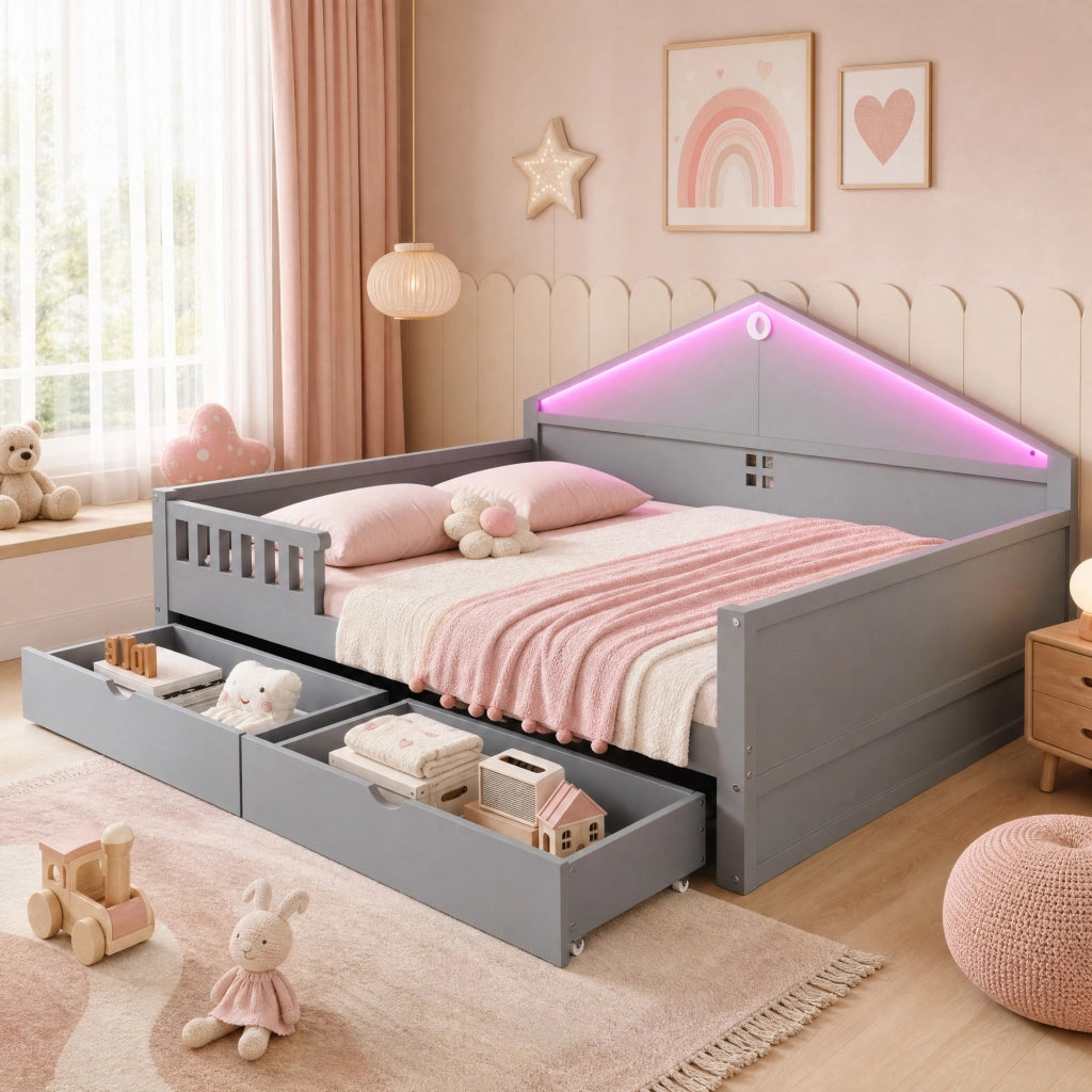 Letto multifunzione 140x200 cm grigio con LED e 2 cassetti