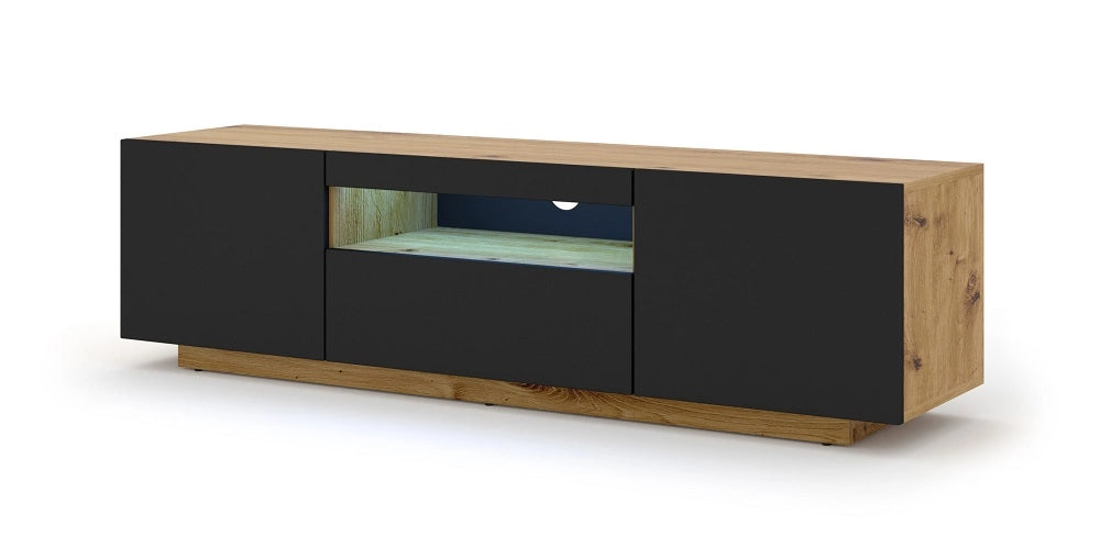 Mobile TV sospeso o a terra Led Incluso 150x42/36x37 Cm STAND AURA struttura Rovere e frontali Nero opaco
