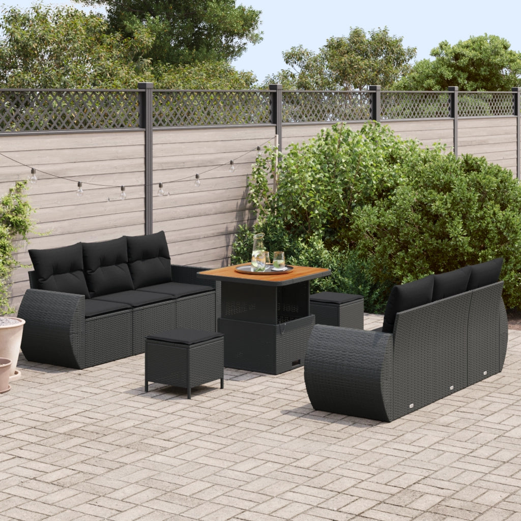 Set Divano da Giardino a 9 pezzi con Cuscini Nero Rattan Poliestere e Acacia