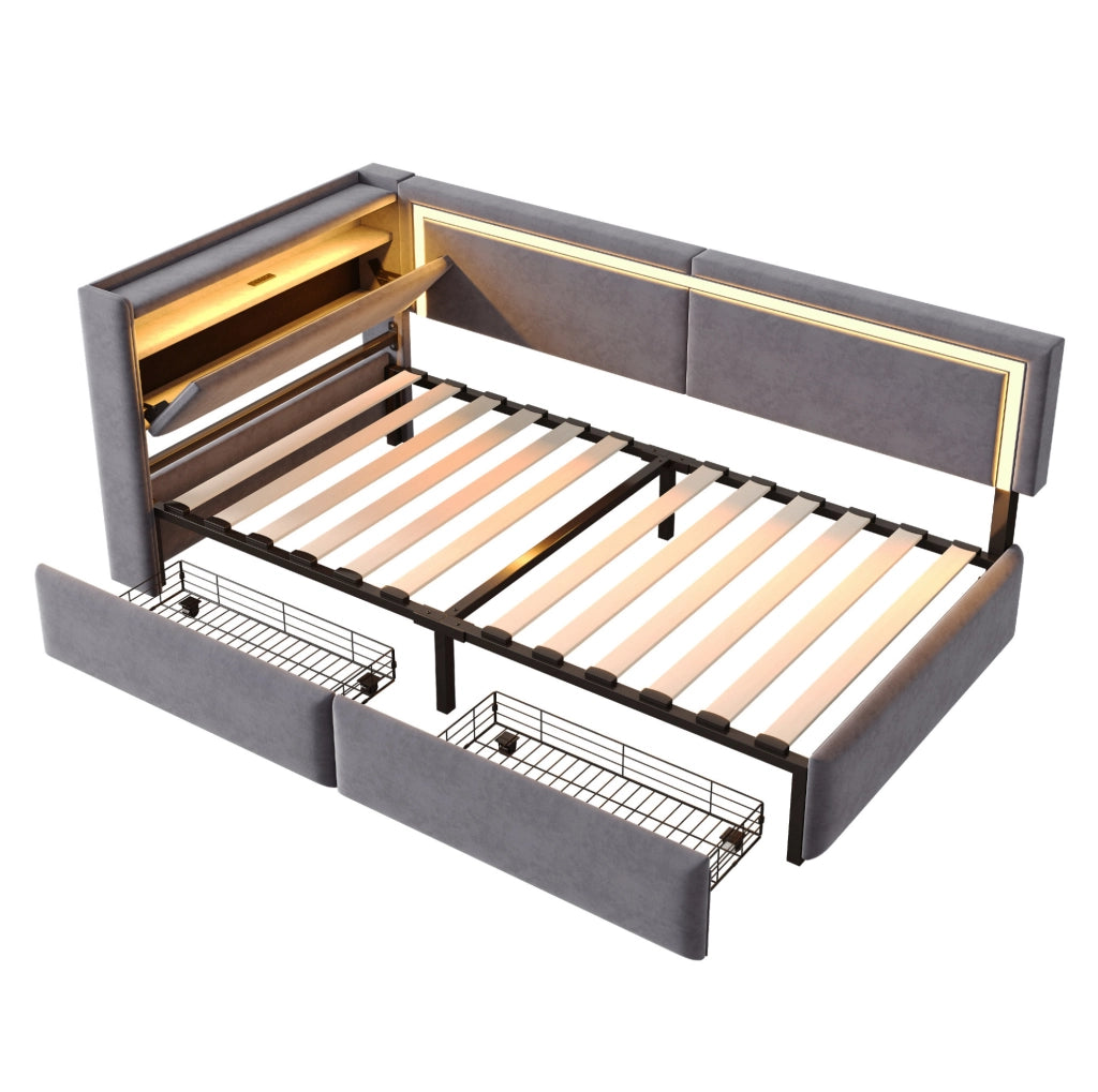 Divano Letto Imbottito 90x200 cm con LED, USB, Testiera Contenitore e Cassetti, Velluto Grigio Scuro