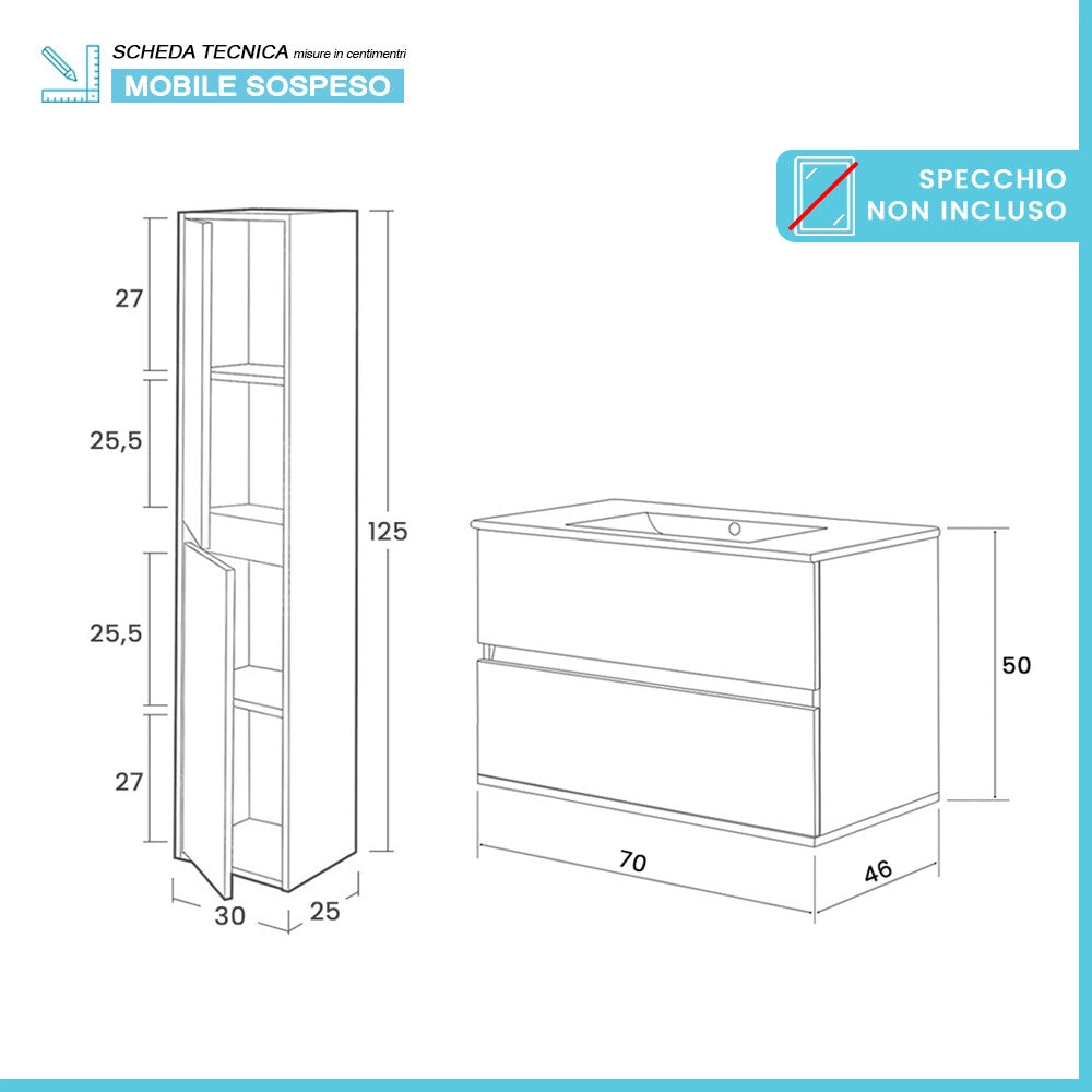 Mobile bagno sospeso 70 cm rovere bianco con pensile H 125 Nadia