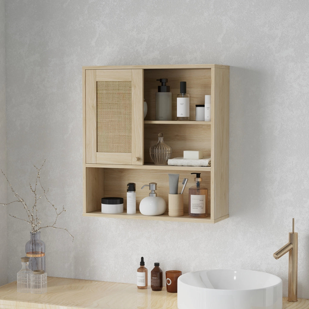 Armadio da bagno con ante scorrevoli e ripiani aperti ¨C zephmum ¨C legno naturale