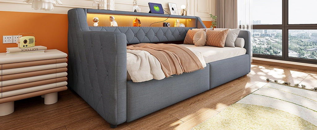 Letto a Divanetto 90 x 200 cm; Contenitore Idraulico; LED; USB e Type-C in Lino; Grigio