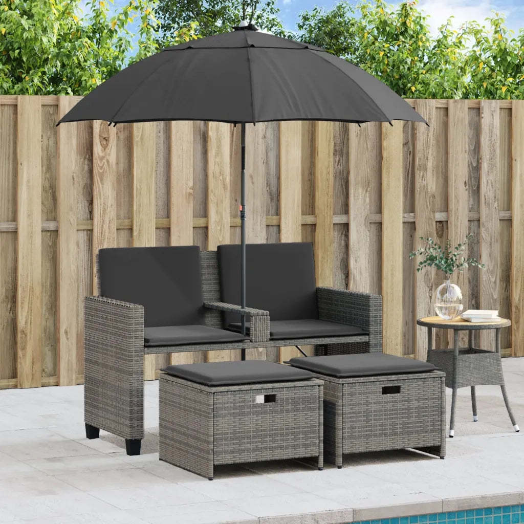Divano Giardino 2Posti Ombrellone e Sgabelli Grigio Polyrattan 365885