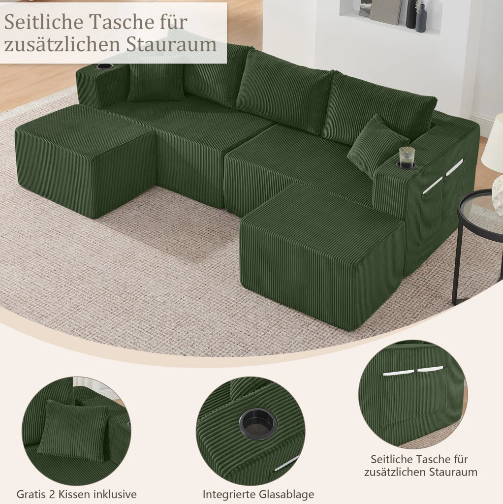 Divano angolare modulare 3 posti con 2 pouf mobili; portabicchieri e tasche laterali; verde