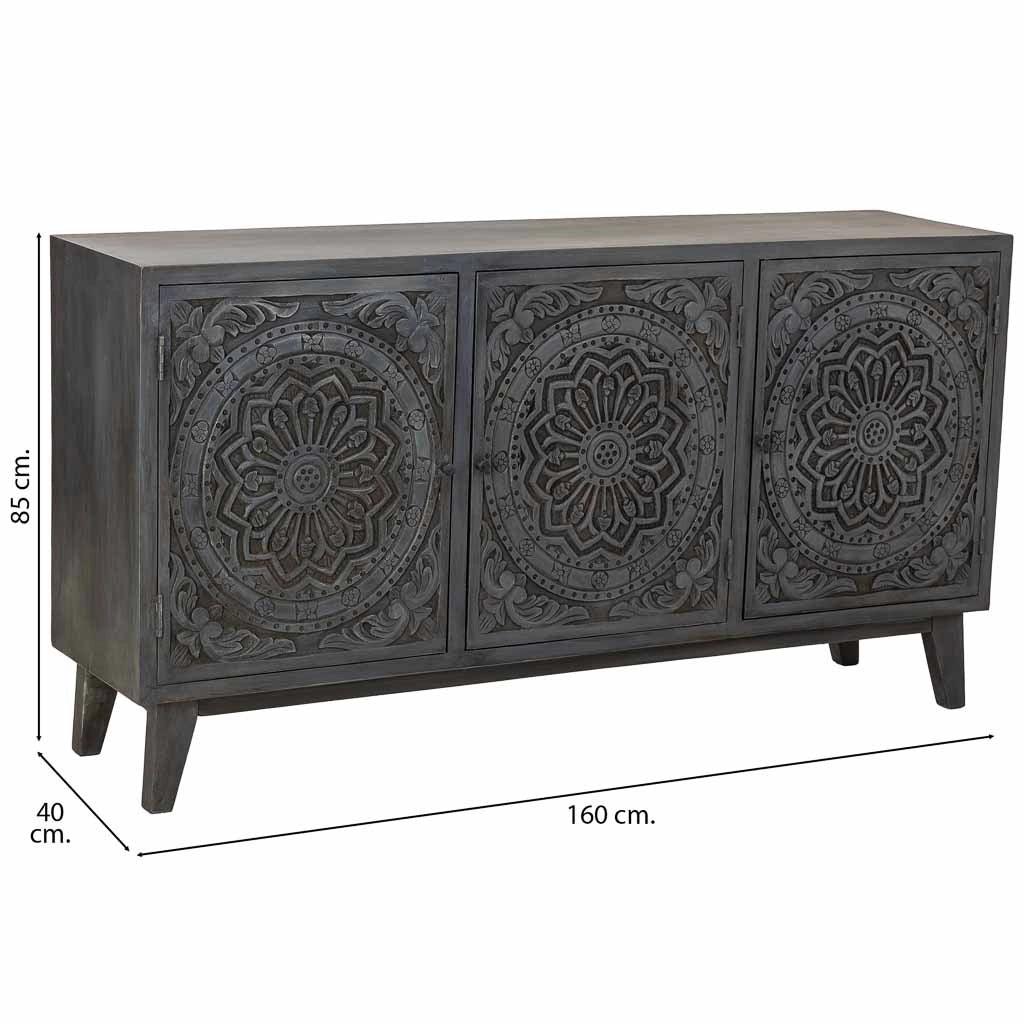 Credenza artigianale in legno con 3 ante nere, 160x40x85h cm