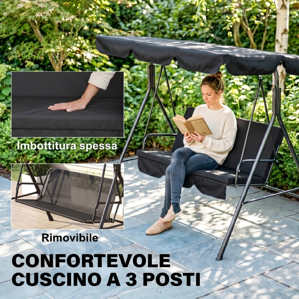 Dondolo da Giardino 3 Posti con Tettoia Regolabile ¨C Xylo ¨C Acciaio Nero 172x110x153 cm