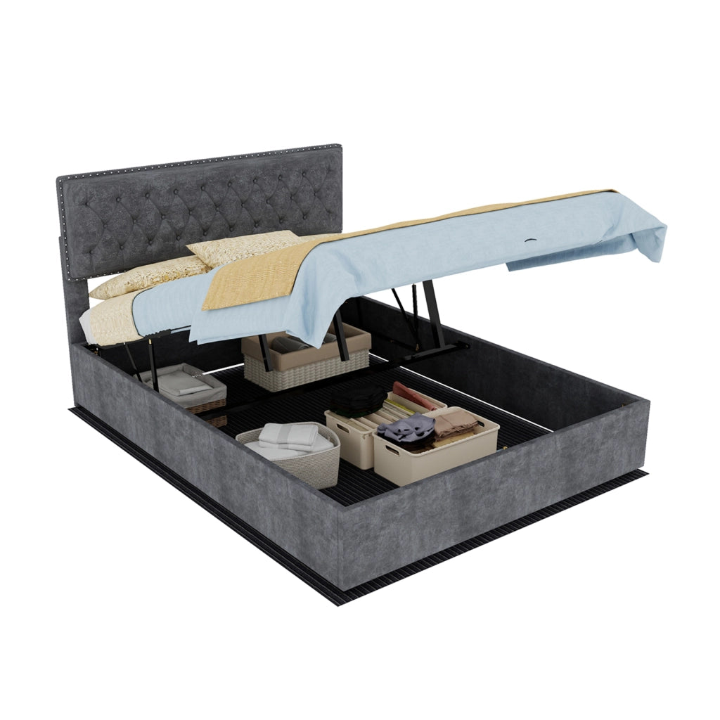 Letto imbottito moderno con testiera e vano a pistone, 140x200 cm, grigio