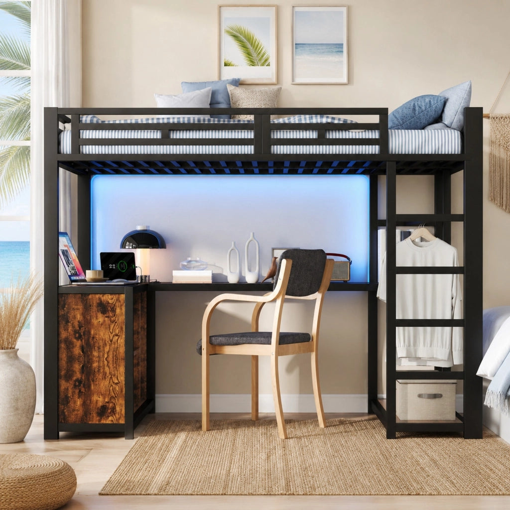 DESMIU Lit a soppalco 140 × 200 cm 2 posti con scrivania, LED e vani contenitori, senza materasso, nero
