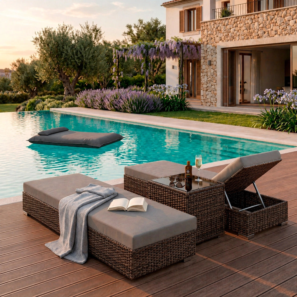 Set 2 Lettini Prendisole In Polyrattan Con Tavolino Contenitore E Cuscini Schienale Regolabile 5 Posizioni Sdraio Da Giardino Terrazzo Piscina Relax Arredo Esterno 184 x 60 x 21 Cm Marrone E Grigio