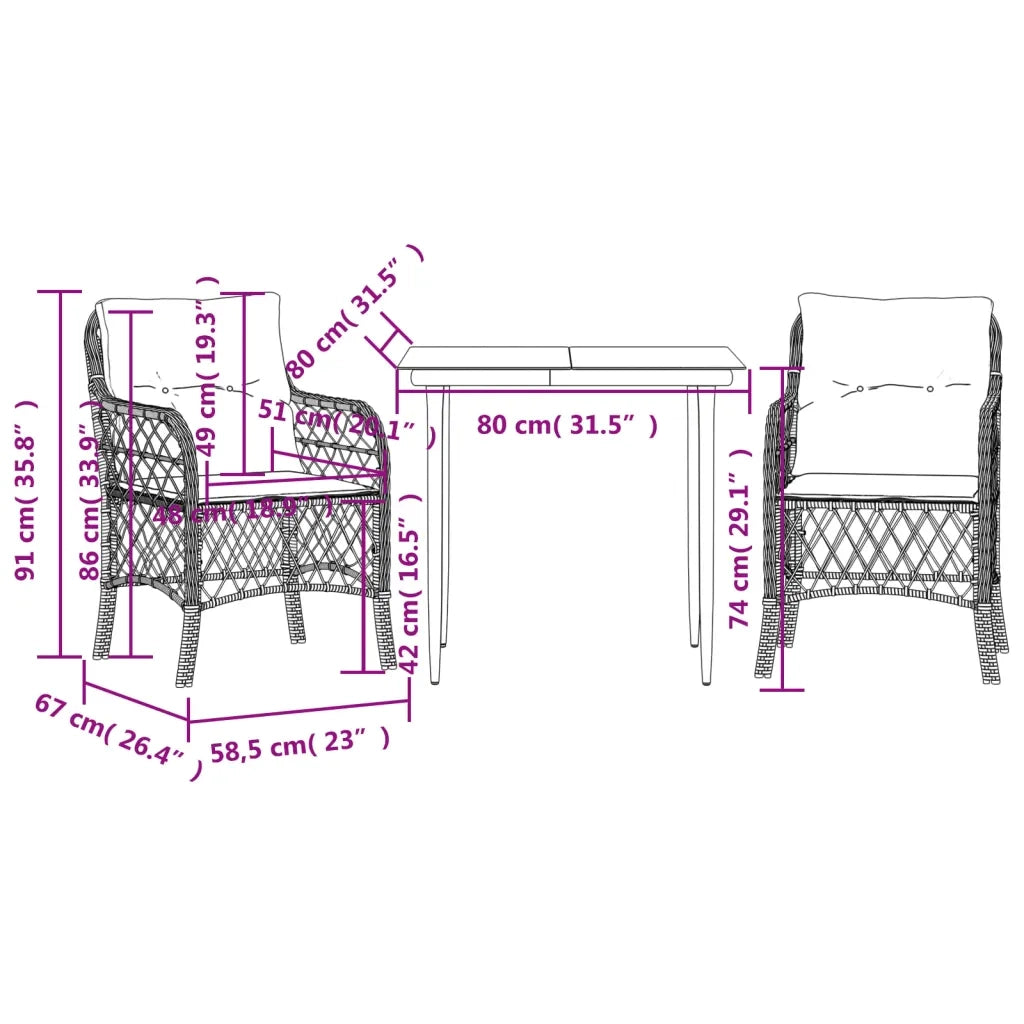 Set da Bistr¨° 3 pz | Set Salotto da Giardino con Cuscini Grigio Chiaro in Polyrattan