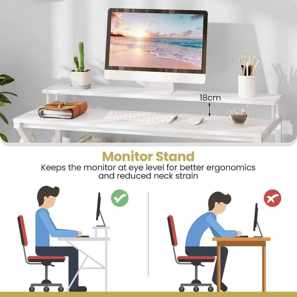 Scrivania per computer con supporto per monitor, mensola portaoggetti e gancio laterale, 100 x 48 x 81,5 cm, tavolo da lavoro moderno per ufficio, camera da letto
