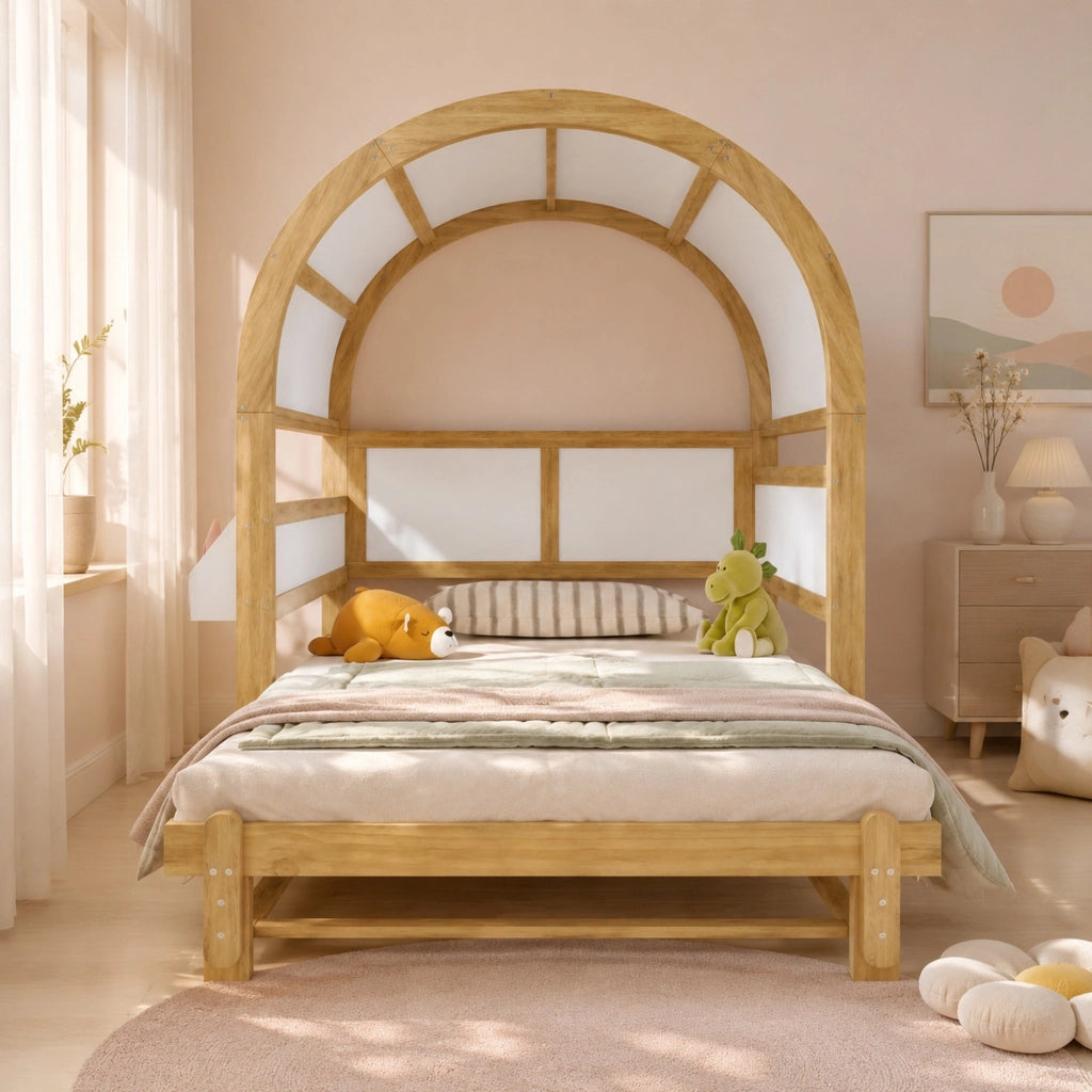 Letto a casetta 140 × 200 cm con letto estraibile e ripiano laterale in legno e MDF bianco naturale