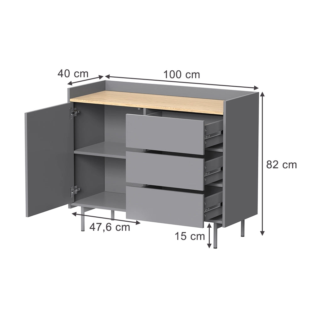 Vicco Cassettiera per camera da letto Grigio/quercia 100 x 82 cm con 3 cassetti e 1 anta