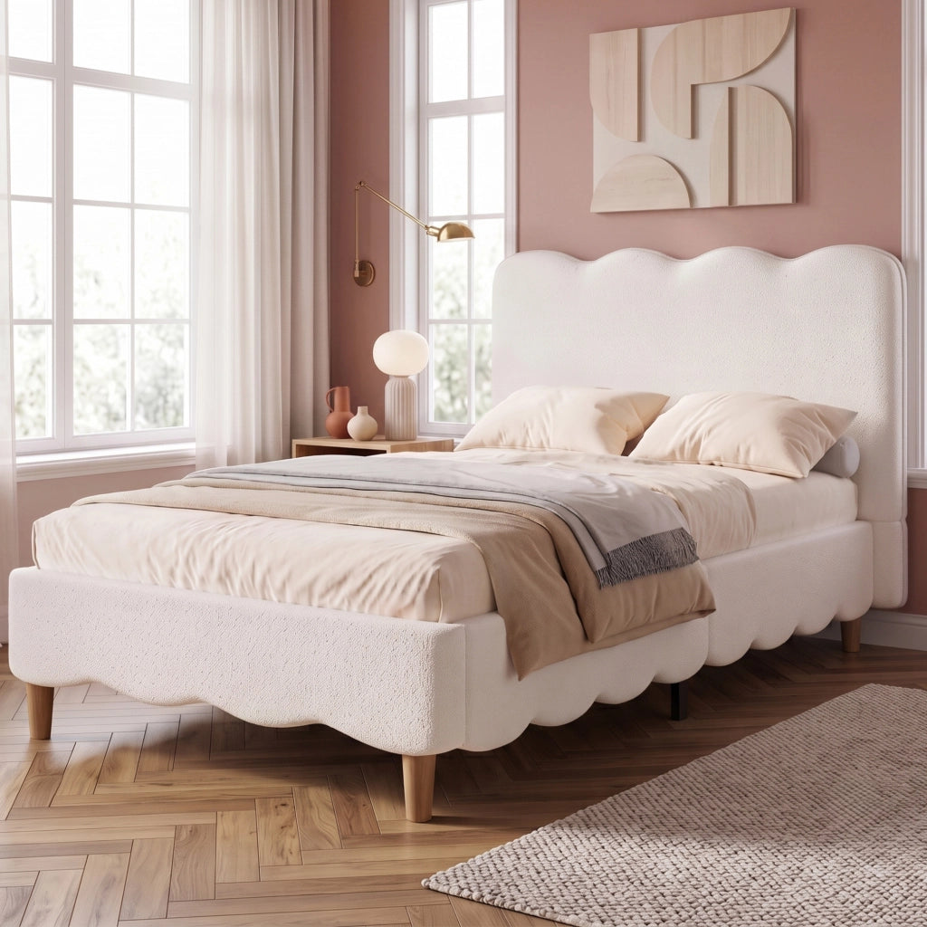 Letto singolo imbottito 90x200 cm con rete; in bouclé bianco; con testiera e gambe in legno massello