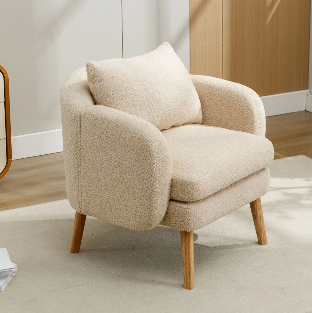 Poltrona imbottita in tessuto Teddy beige con cuscino schienale; 71x72x71 cm