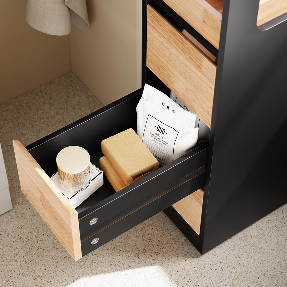 SoBuy | Mobiletto bagno salvaspazio nero con 4 ruote | Mobile bagno con 3 cassetti | Cassettiera bagno con ripiano | 23.3x65.3x82.3 cm | Capacità di carico 40 kg | BZR54-II-SCH