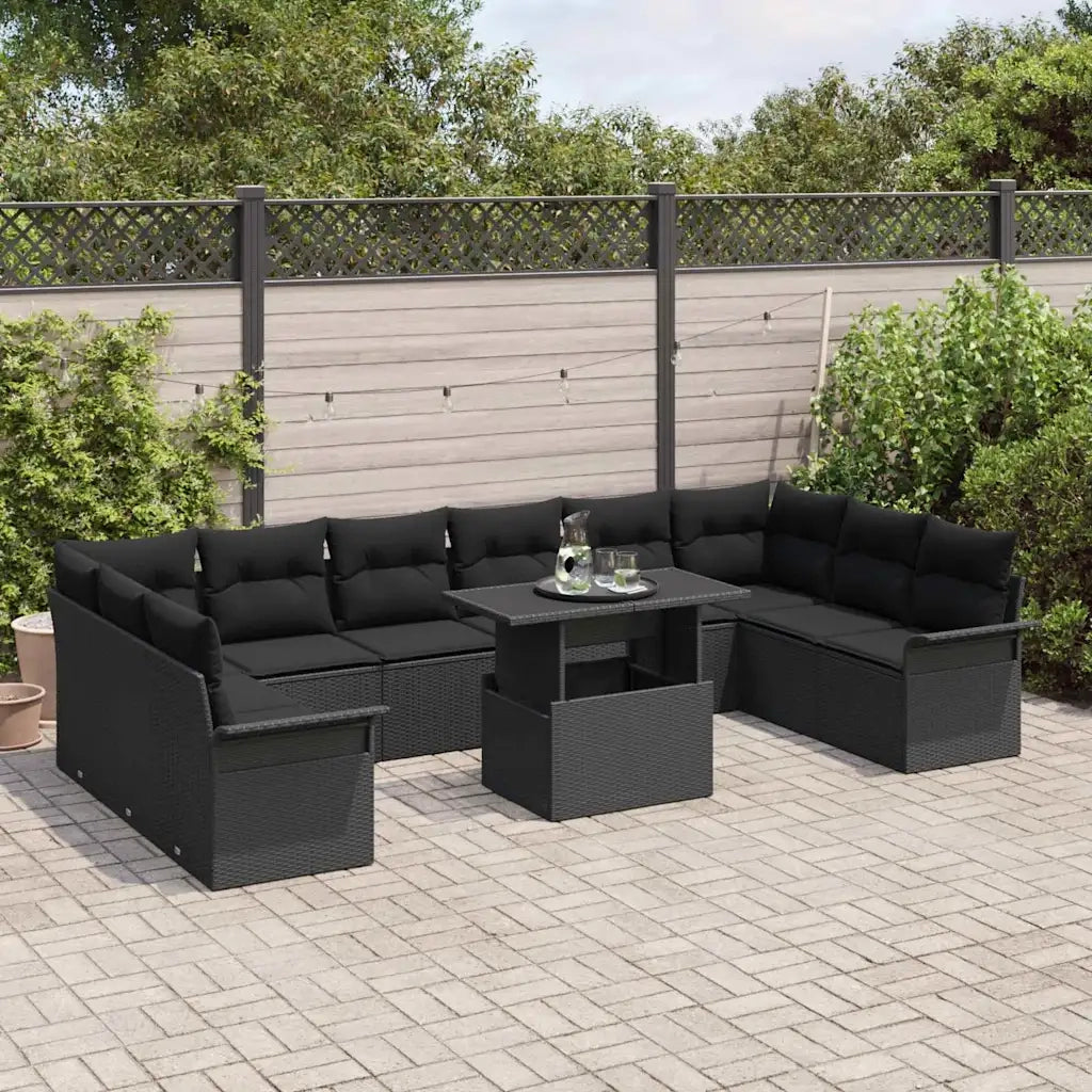 Set Divano da Giardino con cuscino 11 pcs Nero Poly Rattan