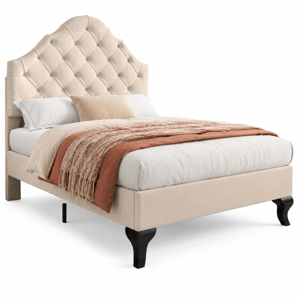Letto singolo imbottito con rete e testiera regolabile 90x200 cm in velluto beige